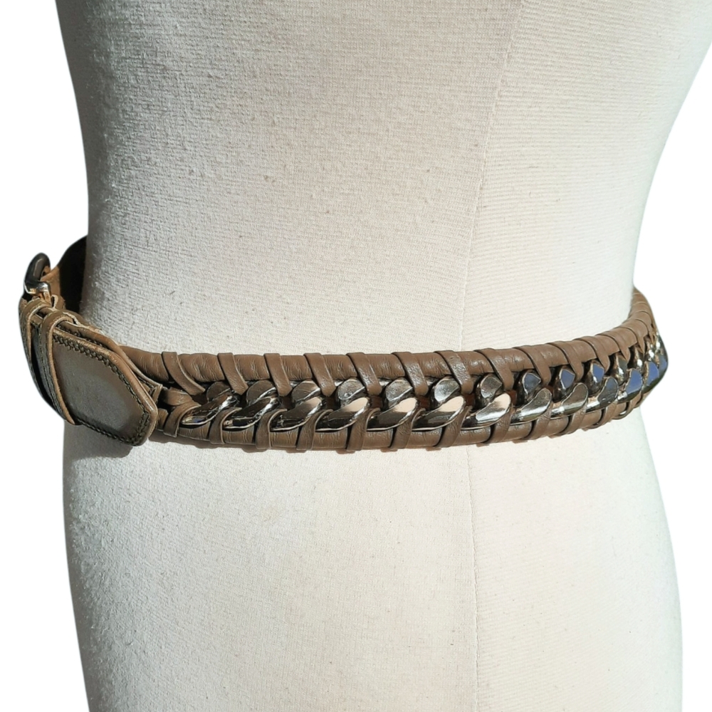 Vtg JUTTA REISSIG Leather Belt w/Wrapped Chain Inlay Sz M Olive/Silver Germany